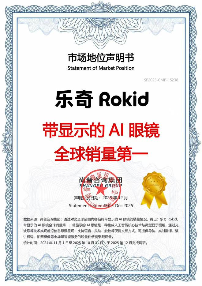 ▲尚普咨询集团颁发给乐奇AI眼镜的全球销量第一证书