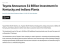 丰田汽车将在美国追加投资 10 亿美元，扩建肯塔基 / 印第安纳州工厂产能