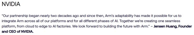 图 | 黄仁勋在 Arm 新闻稿里的发言（来源：Arm）