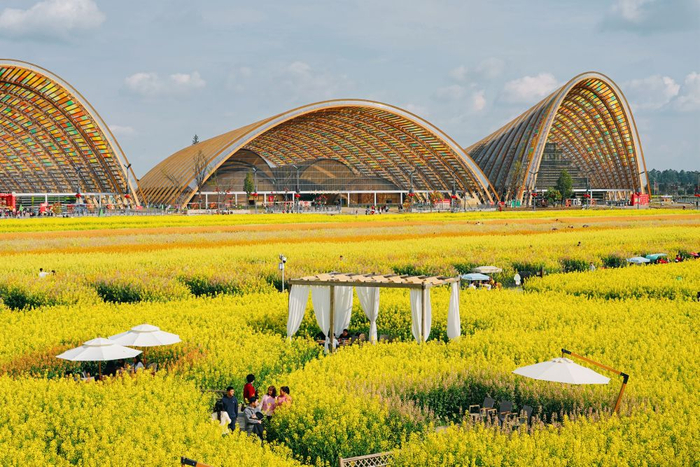 游客在成都新津区天府农业博览园里游览。新华社发