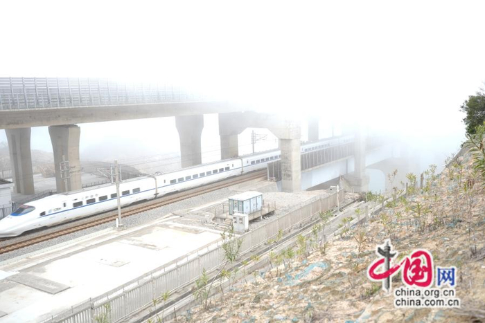 列车从桥上平潭海峡公铁大桥驶过。中国网发 赖啸云 摄