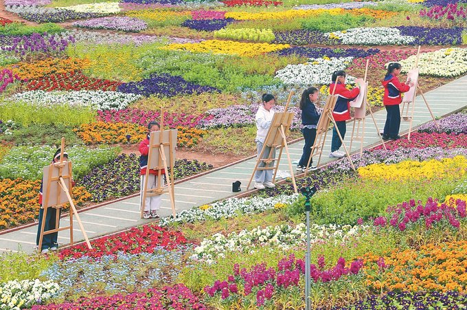 3月26日，句容市弘景小学学生在常州市金坛区一处花海户外写生。 钟学满 摄