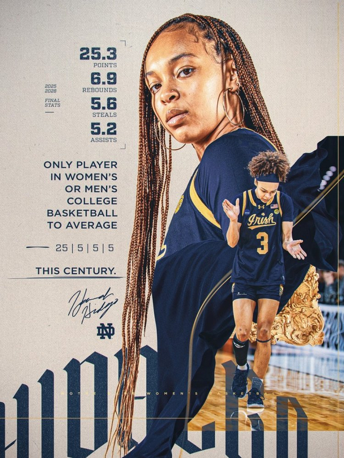 直播吧4月1日讯 圣母大学女篮官方社媒晒出了队内球星汉娜·希达尔戈的数据海报。