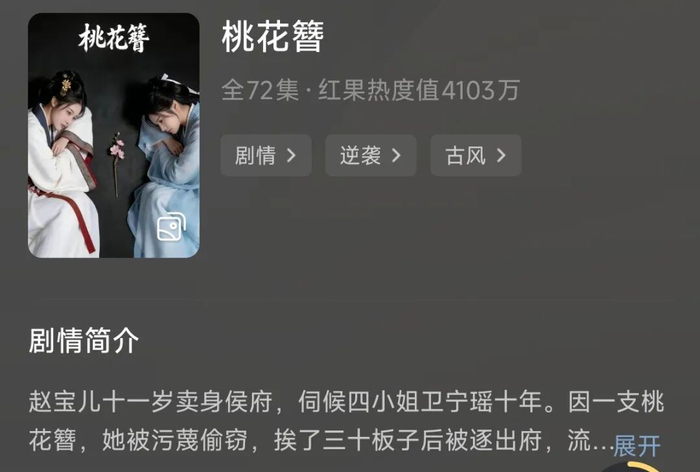 《桃花簪》在红果短剧平台热度值超4100万 图片来源：红果短剧简介页面截图