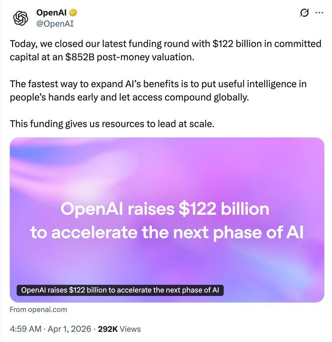 ▲OpenAI宣布获得新融资（图源：社交媒体X）