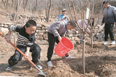 图为近日，北京平谷梨树沟休闲谷，市民、游客开展植树活动，为春日增添新绿。  图片来源：视觉中国