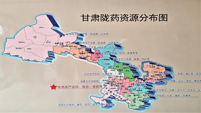 图为甘肃陇药产地分布图，图上标红处属于定西地区所产中药材