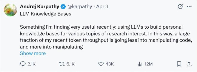 （来源：https://x.com/karpathy/status/2039805659525644595）