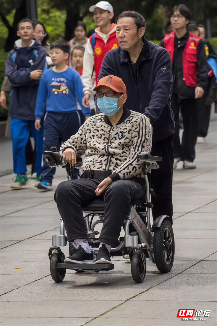 老人坐轮椅上前去吊唁英烈。图/林维平