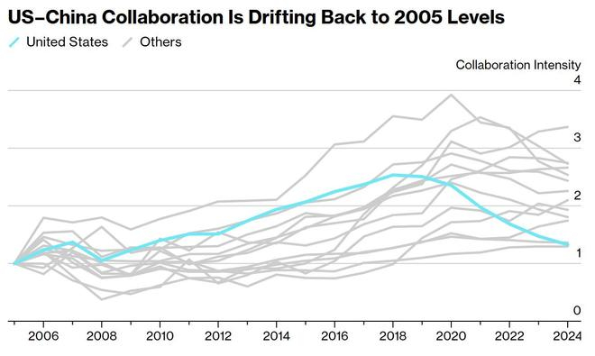  中美科研合作强度，即合著成果占各自总科研产出的比例 彭博社制图