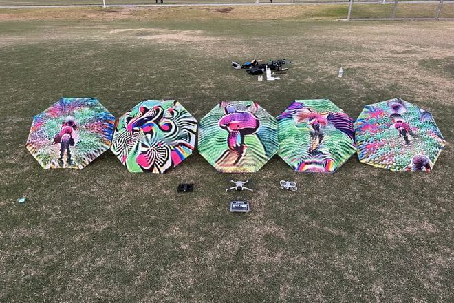 图1: FlyTrap物理对抗性雨伞以及测试的三款商用无人机