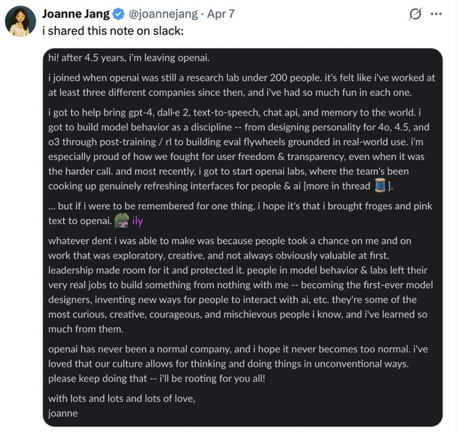  图片来源：Joanne Jang个人社交平台账号