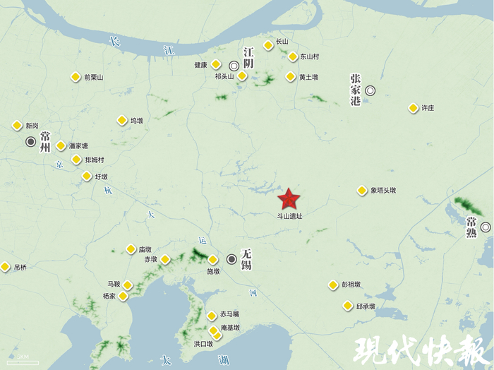 无锡斗山遗址及周边马家浜遗址分布图