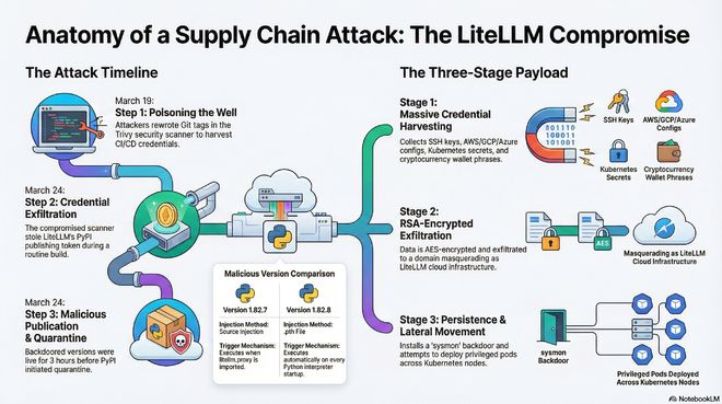 ▲针对开源工具LiteLLM的供应链攻击示意图（图源：Medium）