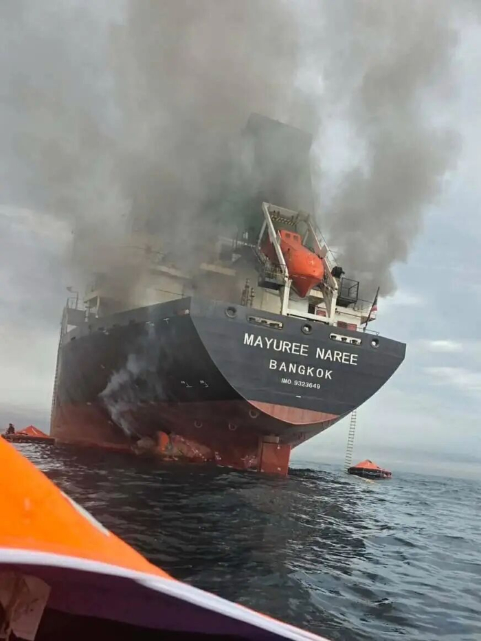 这张泰国海军3月11日发布的照片显示，一艘泰国货船在霍尔木兹海峡海域遭袭起火。新华社发（泰国海军供图）