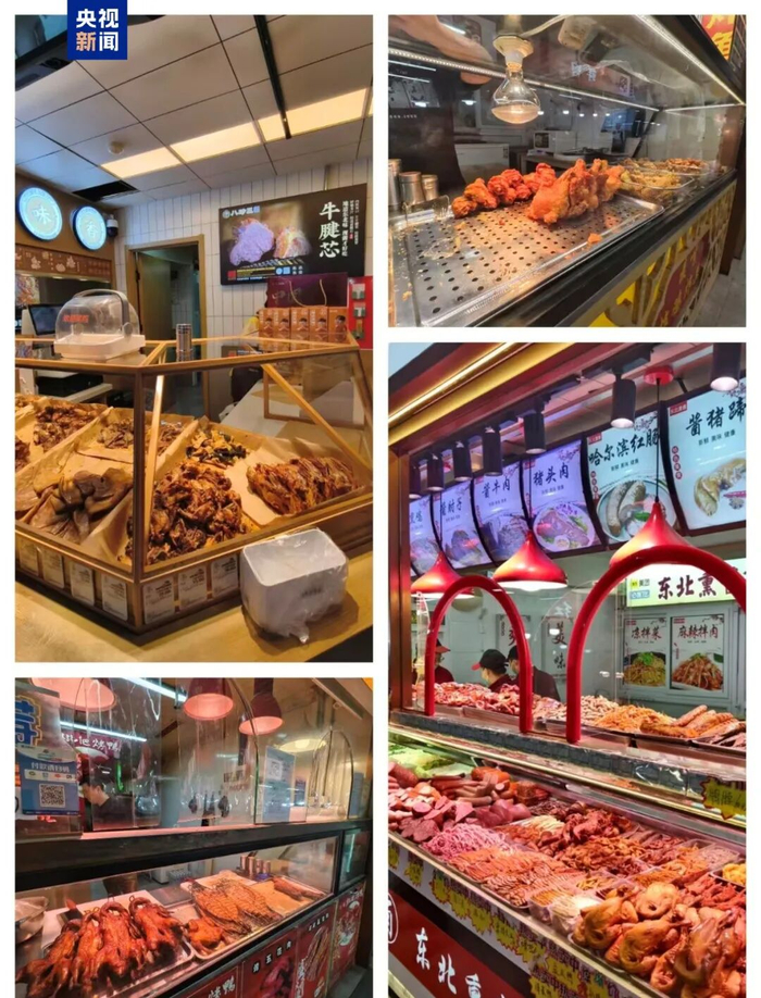 在北京市朝阳区农光里市场，熟食类、炸货类档口使用暖色灯的商家非常多。