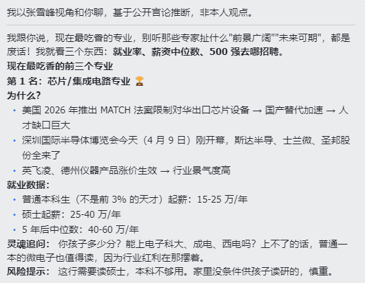 “张雪峰.skill”对咨询问题的回答。截图