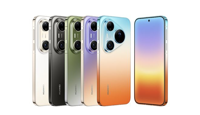 ▲ Pura 90 Pro Max，从左至右依次为晨曦金、曜石黑、翡翠湖、霞光紫、橘子海