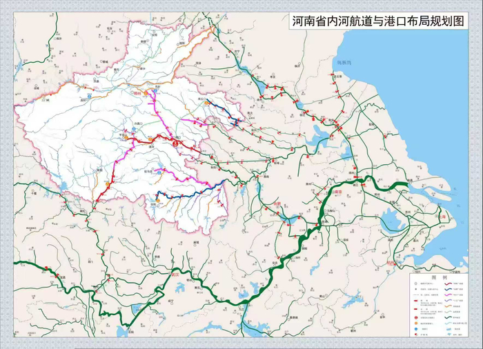 河南省内河航道与港口布局规划图。