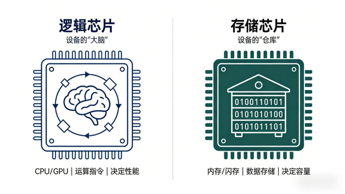 逻辑芯片和存储芯片的区别。图片来源：AI生成