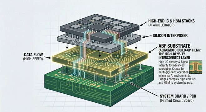 ABF封装结构分层示意图，中间金色高亮的ABF基板层是整个封装的高密度互连核心，负责在多GHz频率下保障信号完整性。