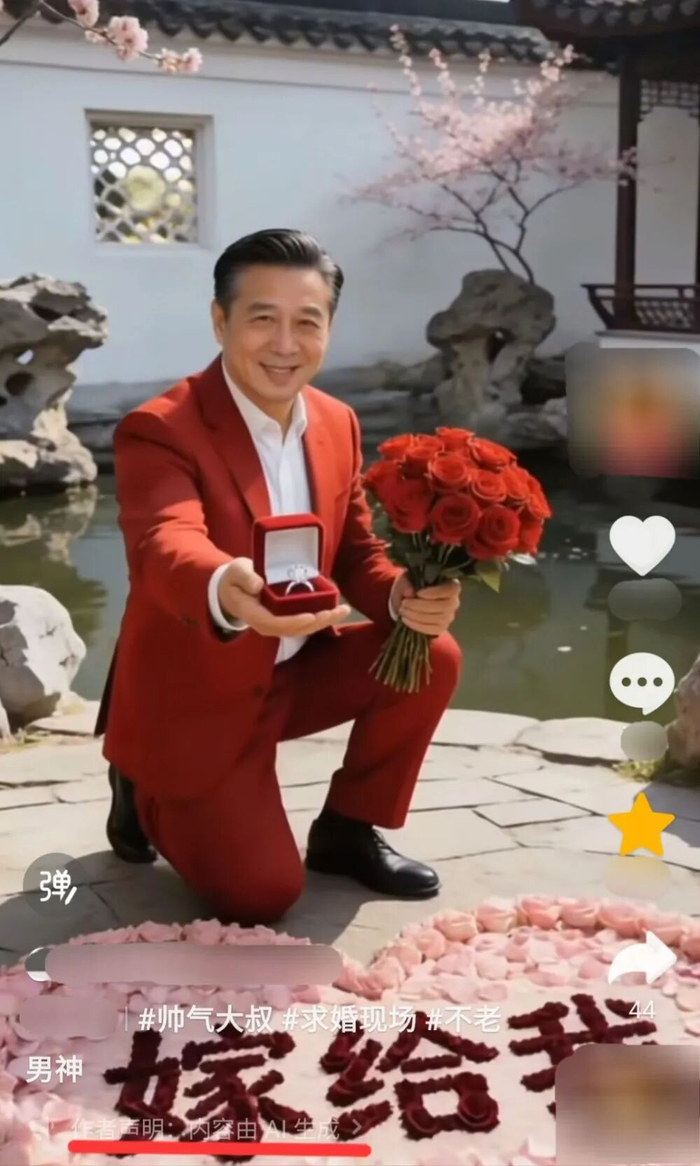 “AI霸总”在视频中跪地求婚。（网络截图）