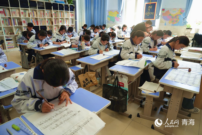 同仁市第一民族中学学生上藏文书法课。人民网记者 杨启红摄