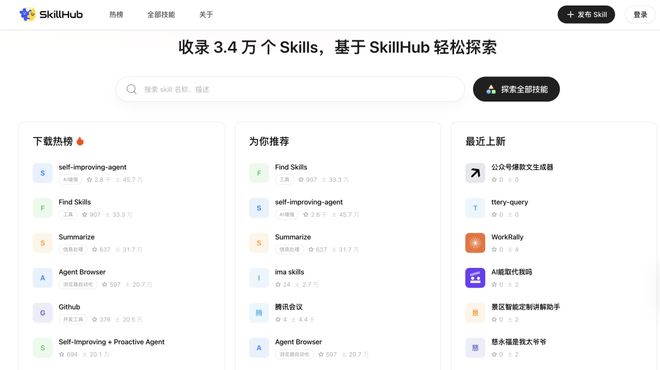腾讯的 SkillHub，为中国用户优化的 AI Skills 社区｜图片来源：SkillHub 官网