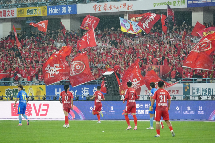 看台上，热情的球迷挥动旗帜支持着自己的城市。 范杰逊 摄