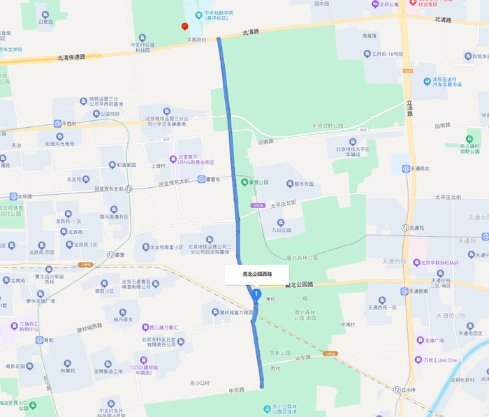 奥北公园西路示意图。百度地图截图