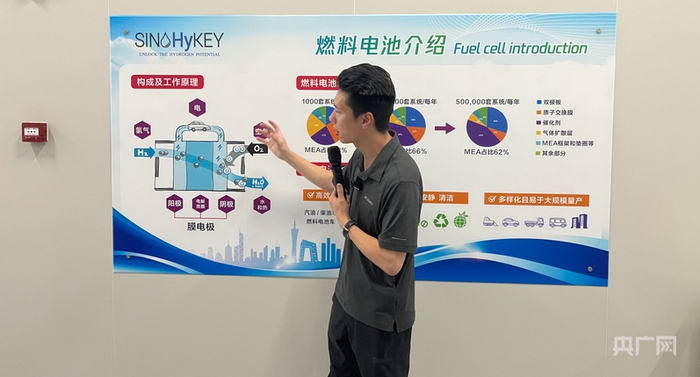 鸿基创能工作人员正在介绍膜电极工作原理（央广网记者  张顺鹏  摄）
