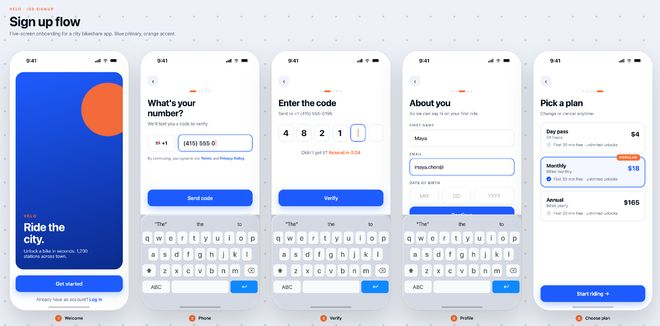 ▲提示词：为一款共享单车应用创建一个简单的 iOS 注册流程。在画布上展示界面。采用蓝橙相间的现代配色方案。