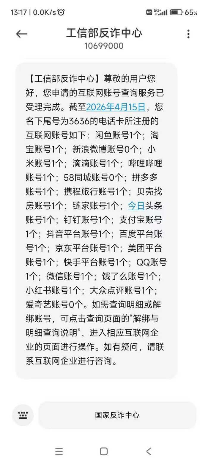 图为工信部反诈中心“电话卡数量查询”结果截图，其中显示，梁女士名下电话只有一个闲鱼账号。