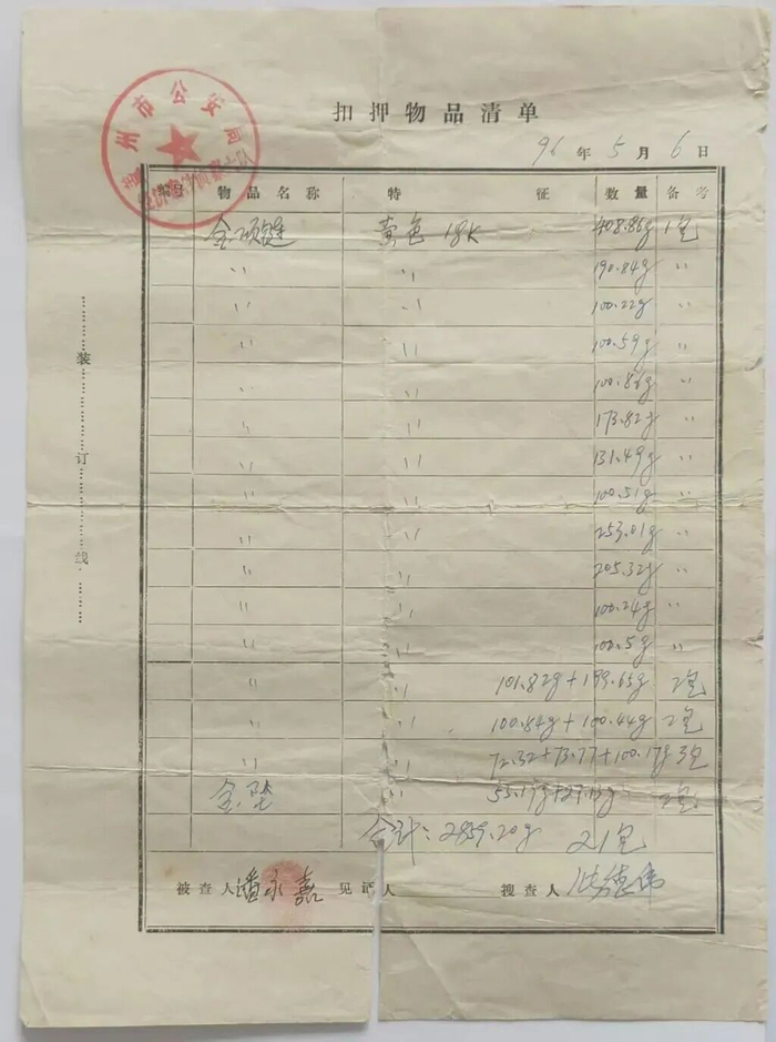盖州警方于1996年出具的《扣押物品清单》。本文图片均由受访者供图