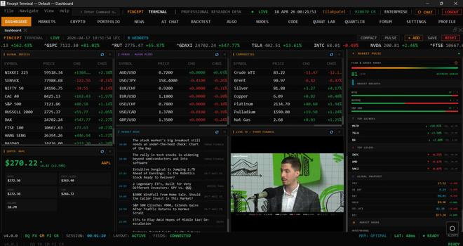 ▲ FinceptTerminal 主仪表盘界面，全球指数、个股报价、外汇、大宗商品、市场新闻一目了然