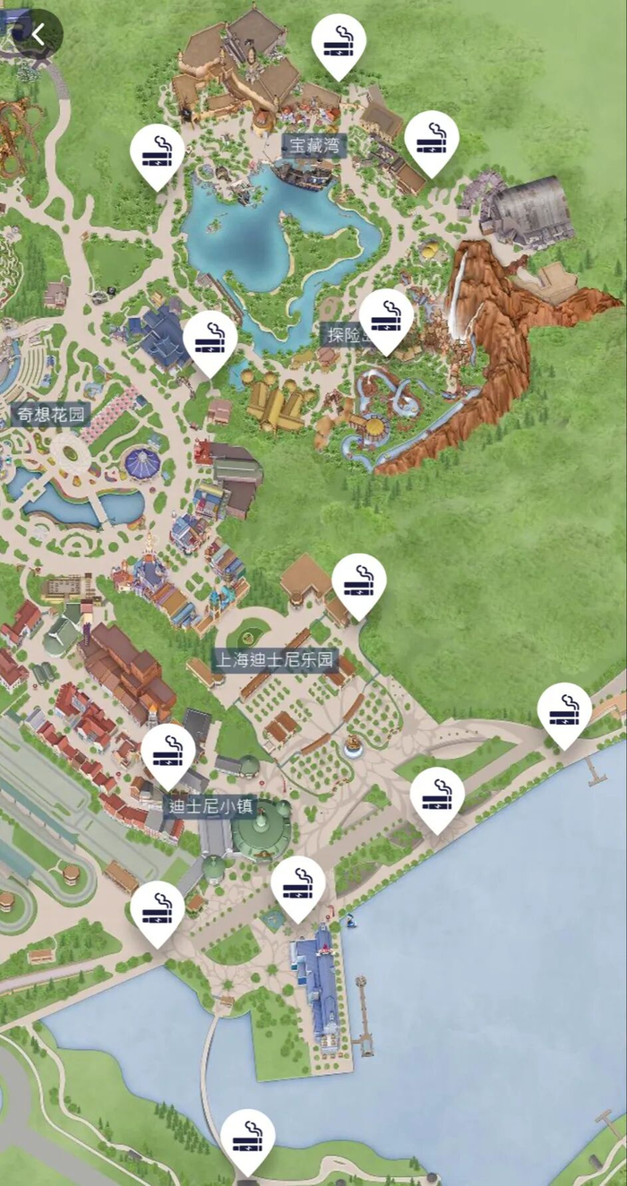 上海迪士尼度假区吸烟区示意图。 平台截图