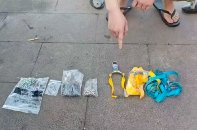 ▲雷某某使用的弹弓和弹珠