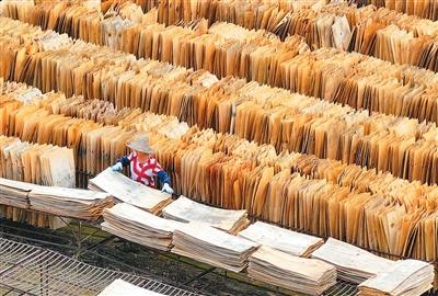 4月27日，在江西省吉安市泰和县塘洲镇东湖村板材加工厂，工人正晾晒板材。邓和平摄（人民视觉）