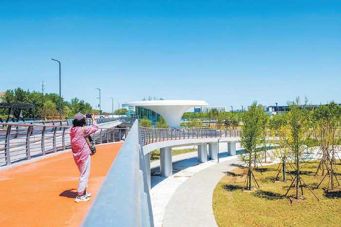 4月29日，北京城市副中心京华福满园（福园），市民在高架上拍照。新京报记者　王子诚