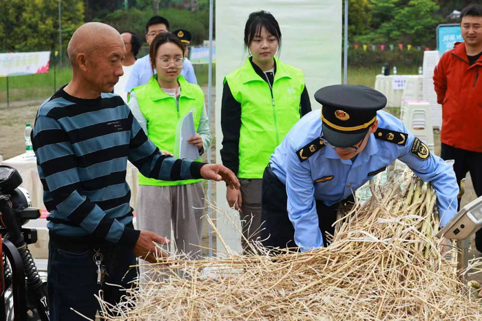 工作人员对杨树明（左）带来的秸秆进行称重。眉山市东坡生态环境局供图