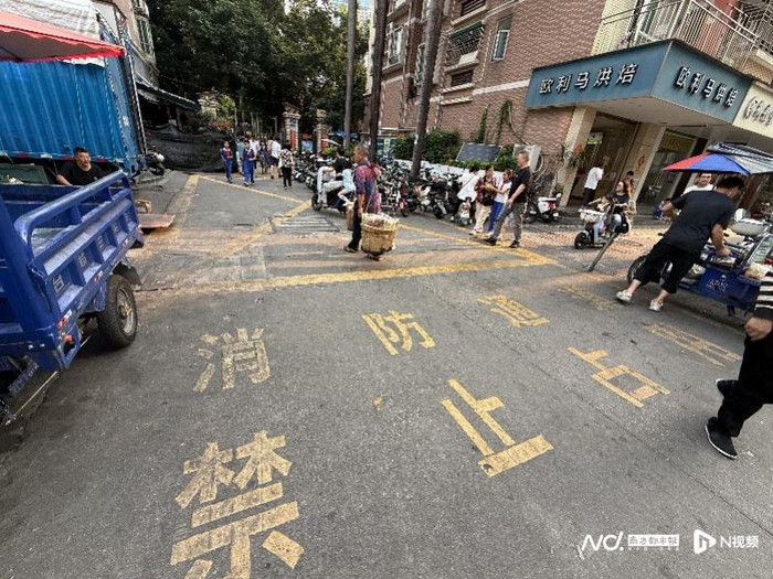 多辆电动自行车停在消防通道黄方格内