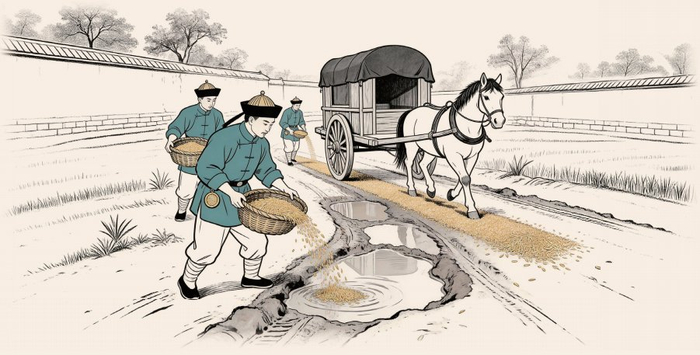 张集馨将粮仓中混杂的麦壳筛出，并用于修补道路，周到地理清了前任官员留下的烂账。