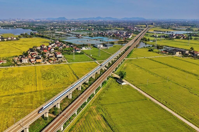 一列复兴号动车组列车行驶在合杭高铁线路上。    周围  摄