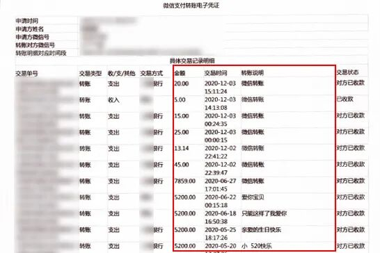 ▲图为原告阿天向被告阿雅转账的部分交易记录明细