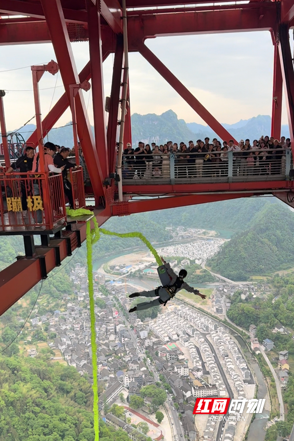 游客在湘西矮寨大桥体验高空蹦极。