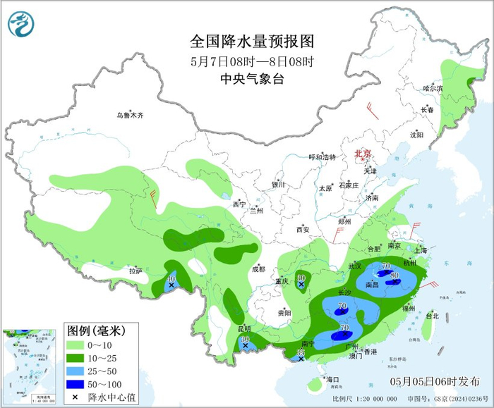 图3 全国降水量预报图（5月7日08时-8日08时）