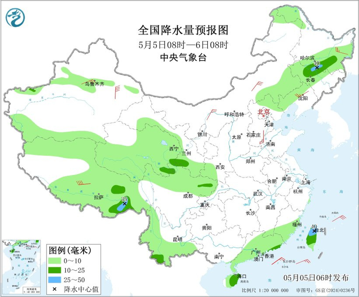 图1 全国降水量预报图（5月5日08时-6日08时）