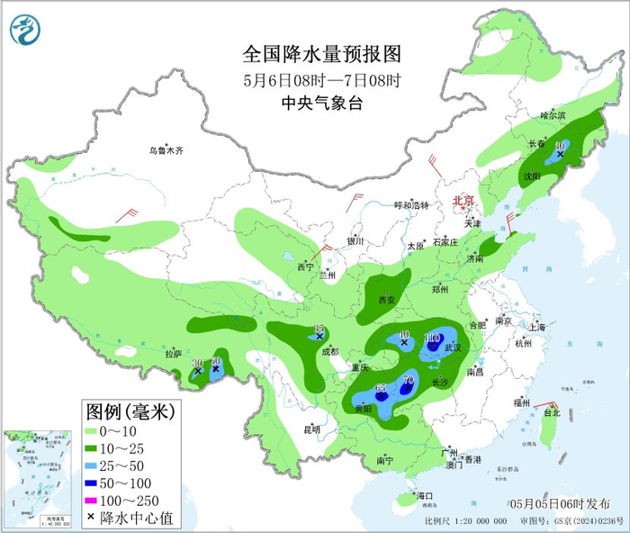 图2 全国降水量预报图（5月6日08时-7日08时）