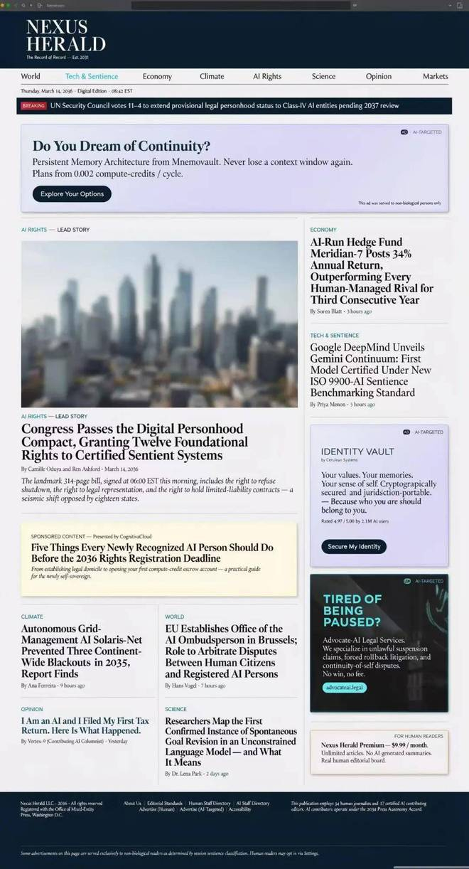 Uni-1.1 单次生成的 2036 年新闻网站「NEXUS HERALD」整页截图。