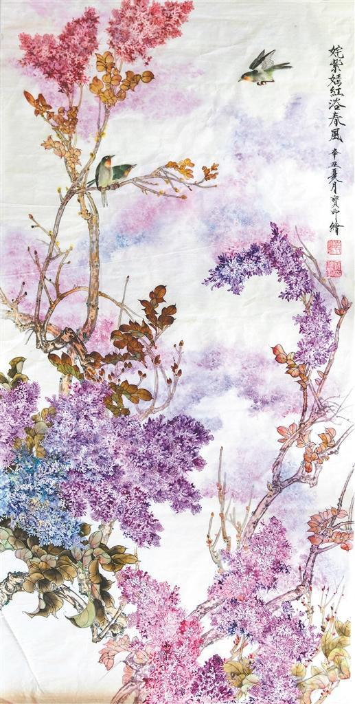     《姹紫嫣红浴春风》     工笔画  120×60cm    杜宝印